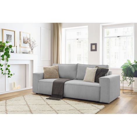 Bobochic – Canapé droit fixe 3 places – Velours côtelé gris clair – Confort ferme – Dimensions 242x100x88 cm – Style vintage européen (1/5)