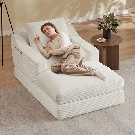 Canapé de détente, fauteuil-lit simple spacieux, en velours côtelé, conception à deux niveaux, convertible en lit, blanc