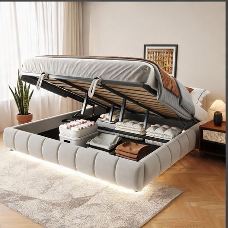 Cadre de lit beige en velours 214,5 x 195 x 29,5 cm (1/5)
