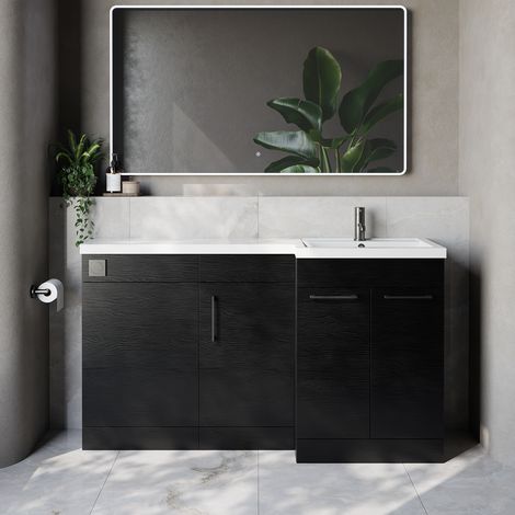 Napoli 390 Nero Oak 1500mm 3 Door Vanity Unit Toilet Suite with Right Hand Square Lucia Basin - 1500mm - Gunmetal Grey 160mm HandleWithout Kingston Toilet Pan