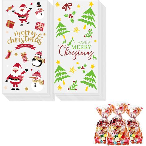 Sachet Cellophane Noel - 13 x 27 cm - Imprimé Motifs Festifs - Avec Attache Fil Métallique - Lot de 100 (1/5)