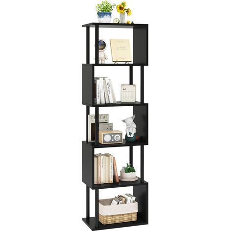 6-Tier Tall S-Shaped Geometric Bookshelf, Wood Display Storage Shelf, Industrial Bookcase for Living Room, Bedroom & Home Office