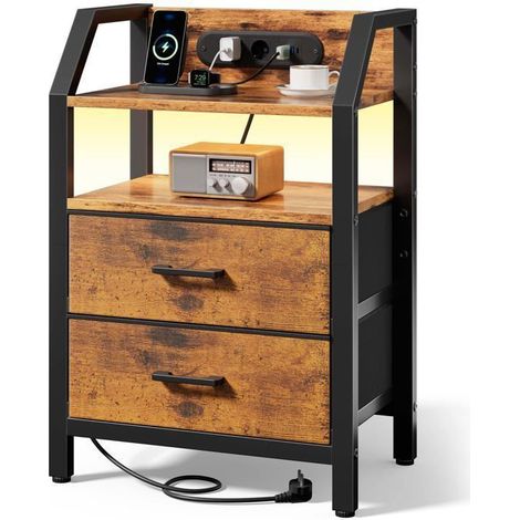 Mesas de Noche EcoFurnix con LED, Mesa de Noche con Enchufes y Puertos USB, Mesa Auxiliar con 2 Cajones de Tela-Marrón Vintage