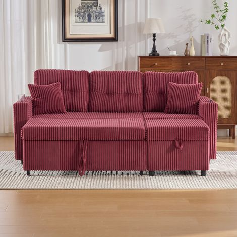 Canapé convertible 196x82x85 cm rouge bordeaux en velours côtelé avec rangement, USB-C, LED et porte-gobelets (1/5)