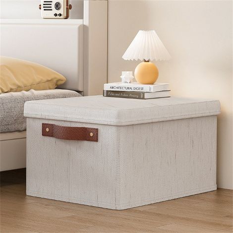 Panier de rangement pliable en lin, panier de rangement avec couvercle, adapté à la maison, au bureau et aux boîtes à vêtements et couvertures (1/5)