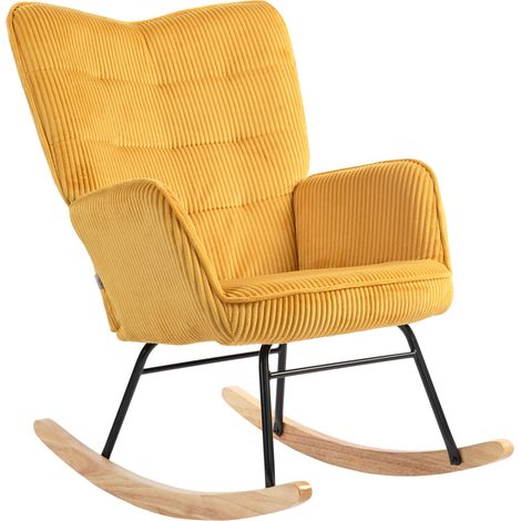 Fauteuil à bascule en velours côtelé jaune avec accoudoirs et patins en bois pour salon et chambre (1/5)
