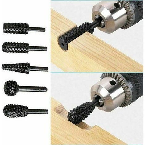 1/4" 6mm Rotary Router Bit Set Power Tools Wood Grinding Carving Rasp Drill Bits Rotary Router Bits Shank Bit Set for Woodworking Kit Pack of 5 (Black) (1/5)