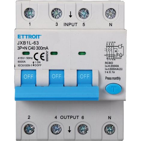 RCBO Interruttore Magnetotermico Differenziale Tipo A Curva C 3P+N 4M 6000A 300mA C40A AC 400V IP20 IEC61009-1