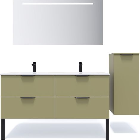 Meuble de salle de bain suspendu double vasque intégrée 140cm 4 tiroirs Vert olive + miroir + colonne ouverture droite - Soho (1/5)