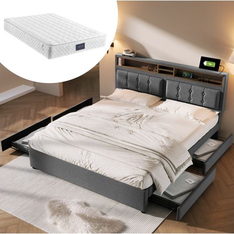 letto contenitore 140x200 USB cassetti grigio HAVRYA (1/5)