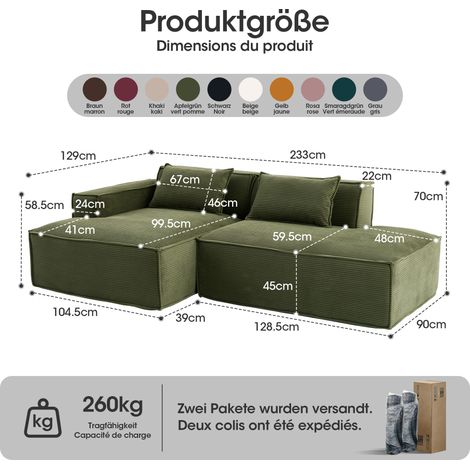 Canapé moderne 235 cm en tissu économique, 2 coussins + housse de rangement - canapé confortable et simple, parfait pour petit salon, appartement ou bureau (1/4)
