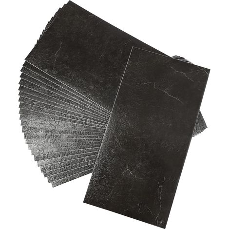 HAUTOUR Lot de 24 carreaux de sol, Dalles de sol autocollants, Revêtement en PVC, imperméables, avec aspect pierre, pour salle de bain et cuisine, Rénovation DIY, pour l'intérieur, 4,32 m², noir (1/5)