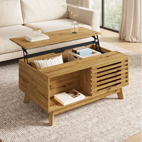 Mesa de centro elevable 90x55x57,5 cm en MDF natural con almacenamiento flexible (1/5)