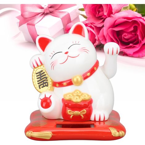 Figurine de chat porte-bonheur de taille moyenne, alimentée à l'énergie solaire et munie d'une manivelle. Idéale pour décorer un bureau, une entrée ou une voiture. Modèle chat blanc japonais. (1/5)