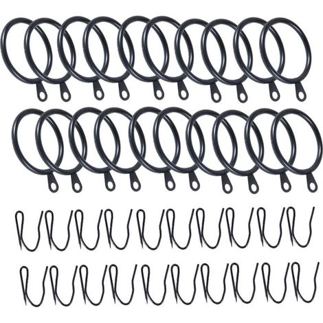 Lot de 20 anneaux de rideaux d'un diamètre intérieur de 38 mm avec crochets, anneaux résistants pour tringles à rideaux, noirs. (1/5)