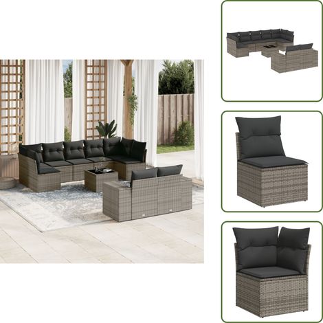 10-tlg. Garten-Sofagarnitur mit Kissen Grau Poly Rattan - Gartenmöbel - Esszimmergarnitur - Rattan Möbel - Outdoor Möbel - Lounge Set (1/5)