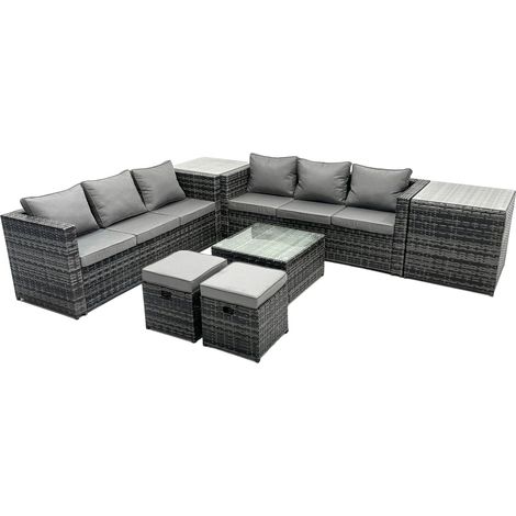 Fimous Outdoor Rattan Garden Furniture Set 8 Seater Patio Lounge Sofa Set with Square Coffee Table 2 Side Table 2 Small Footstools Dark Grey Mixed (1/4)