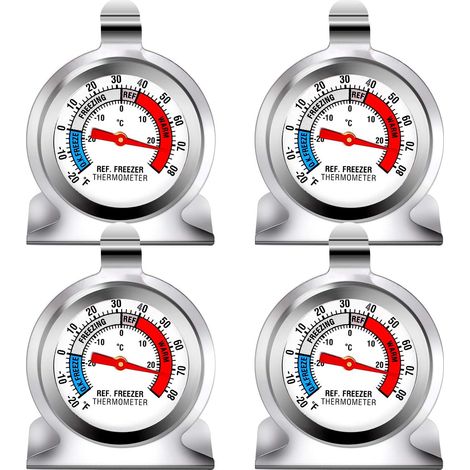 Paquet de 4 thermomètres pour réfrigérateur Thermomètre à grand cadran de la série Classic avec crochet et support rétractable