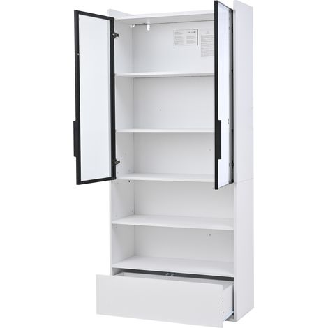 Vitrine 8034180 cm, meuble haut avec 1 tiroir et portes vitrées, vitrine en verre haute avec LED et compartiment ouvert, étagère sur pied, meuble vitrine pour salon avec portes vitrées, blanc (1/5)