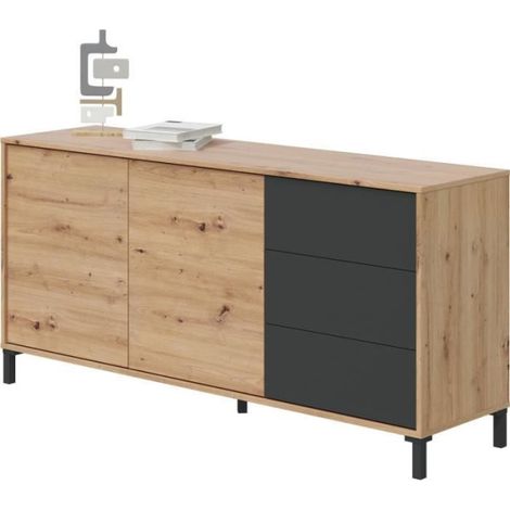 Buffet 2 portes 3 tiroirs - Panneaux de particules mélaminé - Chene et noir - BROOKLYN L 154 cm x P 41 cm x H 74 cm (1/5)