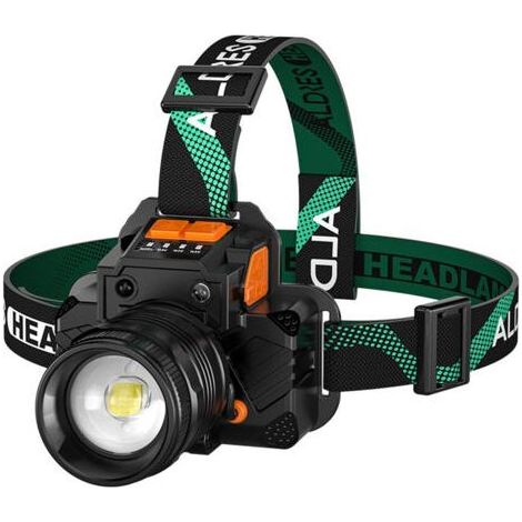 Superhelle, wiederaufladbare Stirn-/Taschenlampe mit Richtfunktion, geeignet für Bergbau, Camping, Wandern und Angeln, erzeugt weißes Licht. T8-Lampendocht. (1/4)