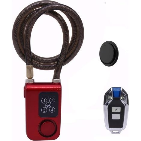 Antivol pour Vélo avec Alarme Télécommande et Code PIN 10mm Chaîne Antivol pour Motocyclette, Poussette, Porte, Imperméable, Rouge (1/5)