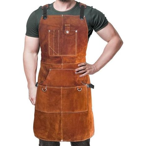 Tablier de soudeur professionnel en cuir pour homme, avec 6 poches. Tablier de soudeur durable, ignifugé et offrant une protection optimale aux forgerons. (1/5)