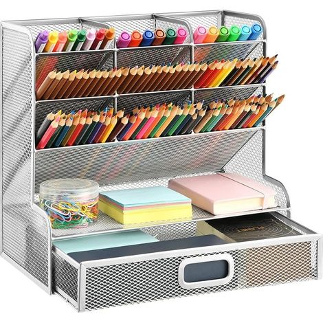 Organisateur de bureau en maille, porte-stylo multifonctionnel, organisateur de stylos pour bureau, organisateur de papeterie de bureau (porte-stylo en maille argentée avec tiroir) (1/5)