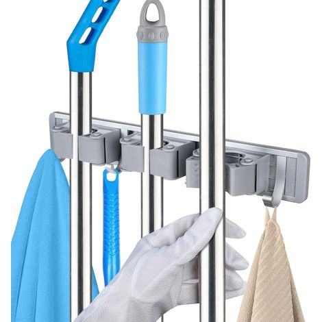 Multifunktionaler, wandmontierter Besenhalter, Wandhaken aus Aluminiumlegierung, Wandmontage für Küche, Bad, Garage und Garten (3 Halterungen und 4 Haken)