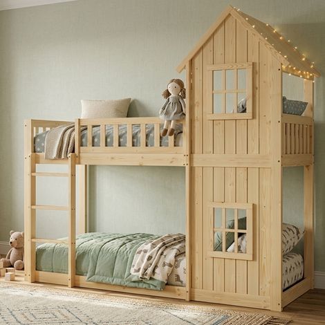 Letto a castello per bambini 90x200 cm a casetta con scala a 3 gradini e finestre da gioco, legno di pino e MDF stile scandinavo, Naturale (1/5)