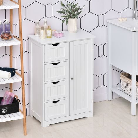 Mobile contenitore per bagno, mobile da bagno con anta, 4 cassetti e ripiano regolabile per cucina, soggiorno, 56x30x83 cm, bianco (1/5)