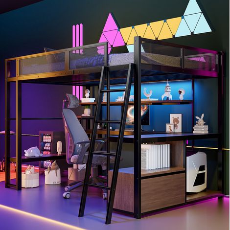 Metall-Gaming-Hochbett (140 x 200 cm) mit integriertem Arbeitsplatz, LED-Beleuchtung und viel Stauraum, Schwarz (1/5)