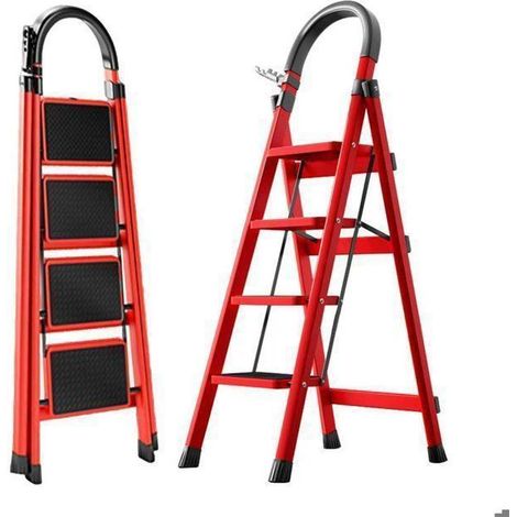 Sieben Komfort-Escabeau - 4 Stufen - Stahl - Klappbar - 61×45×118cm(L-B-H) - Maximale Tragfähigkeit 150 kg - Rot