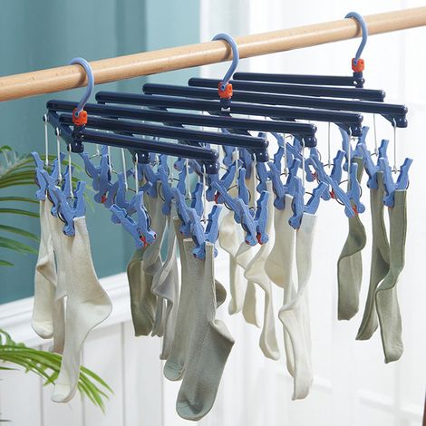 Étendoir à linge pliable en plastique à plusieurs têtes, avec pinces multiples pour chaussettes et sous-vêtements, coupe-vent et multifonctionnel, violet foncé classique, 29 pinces. (1/5)