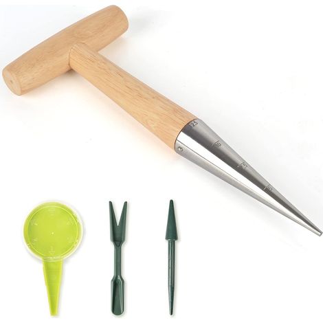 Filiyano-Ensemble Dibbler de 4 outils de jardin traditionnels en acier inoxydable avec échelles et manches en bois (1/5)