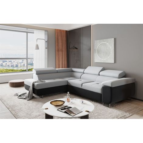 Ecksofa Sofa JADE Stoff Monolith Anthrazit / Hellgrau mit Schlaffunktion Ottomane Links (1/2)