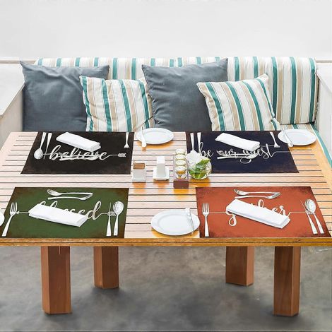 Ensemble de 4 sets de table vintage « Croire, être béni, se rassembler, être notre invité », avec citations inspirantes, pour la décoration de la cuisine, de la salle à manger et des fêtes. (1/4)