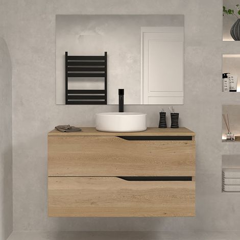 Meuble de salle de bain 100 avec plateau et vasque à poser - 2 tiroirs - madera miel (bois clair) - LUNA (1/5)