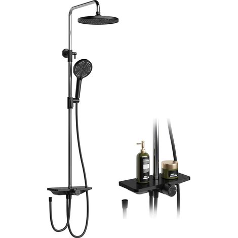 Système de douche complet sans robinetterie – Colonne réglable avec étagère – Douche de tête ronde 25cm style pluie, douchette 3 jets – Inox, chrome noir – Variante : tuyau droit chromé + pommeau et d