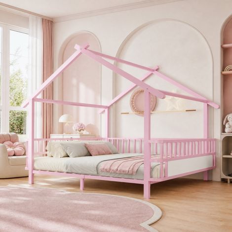 Lit cabane enfant 140x200 cm avec barrières de sécurité, rose, métal, sans matelas FloraGrace (1/5)