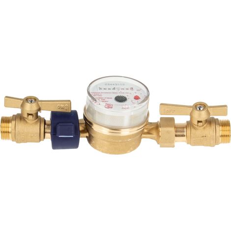 Einstrahlzähler ETK Kombi-Set (Warmwasser) bis 90 Grad Länge 110 mm, inkl. Kugelhähne MS blank 3/4 Zoll AG, Plombierschelle