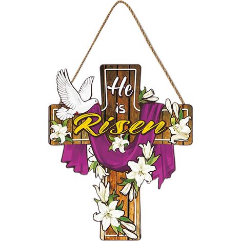 Panneau de bienvenue « Il est ressuscité », panneau de porte de Pâques en Accessoires de scène de vacances de printemps, ornement intérieur (1/5)