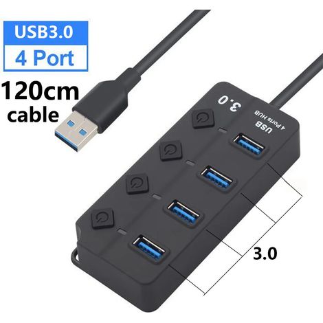 (4 ports, USB 3.0, 120 cm) Répartiteur USB haute vitesse multifonctionnel, hub 5 Gbit/s, avec adaptateur secteur, interrupteur et long câble. (1/5)