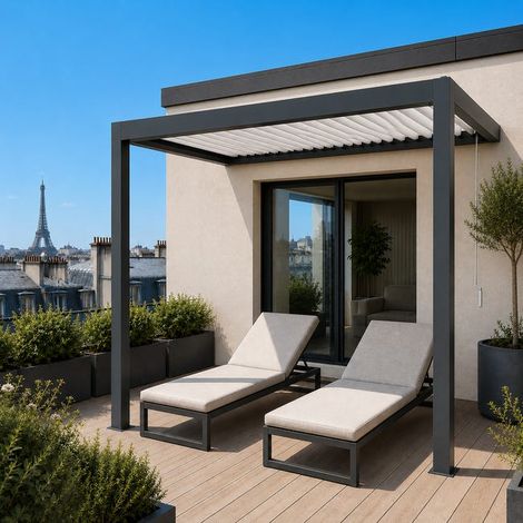 Pergola Bioclimatique Aluminium Adossée Anthracite 3x2 Manuelle S ORIAL France (1/5)