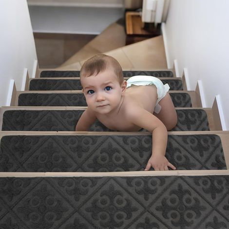 Lot de 15 Tapis d'Escalier Antidérapants 76 x 20 cm Marchette Escalier Auto-adhésifs Tapis Marche Escalier pour Enfants, Animaux Domestiques et Personnes âgées(Gris) (1/5)