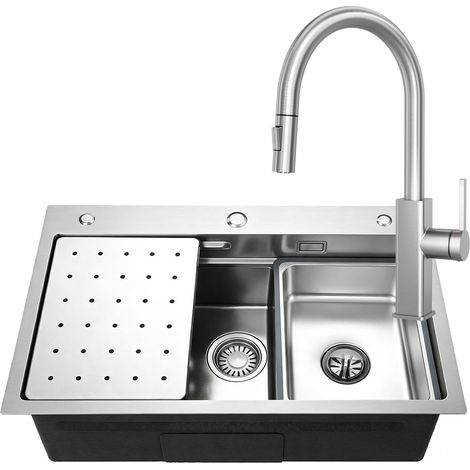 CECIPA MAX Lavello da cucina in acciaio inox 70 x 45 cm + Miscelatore estraibile con 2 modalità di getto, incl. vassoio di scongelamento e cestello scolapiatti, kit di scarico (1/5)