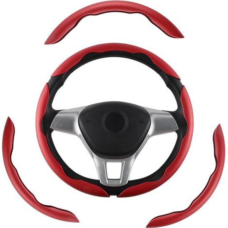 Set di 3 coprivolante antiscivolo in fibra di carbonio, per volanti segmentati, misura universale per SUV, pickup, monovolume, auto (rosso) (1/5)