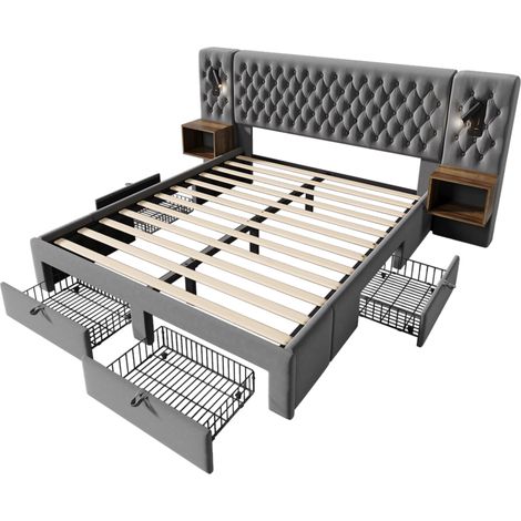 Doppelbett 160 x 200 cm aus grauem Samt mit 2 Nachttischen, 4 Schubladen, Lampen und USB (1/5)