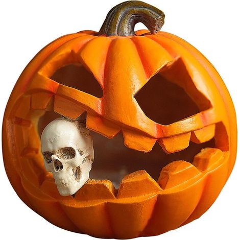 Statue de citrouille d'Halloween avec crâne et lumières, figurine décorative de tête de citrouille en résine pour la maison, le bureau ou les fêtes. (1/5)