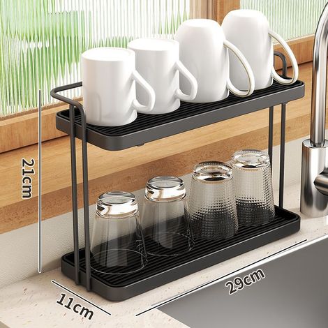 Support d’étagère à deux niveaux pour tasses – Porte-tasses japonais design minimaliste, rack polyvalent pour thé, café et expresso, avec support en U intégré (noir)